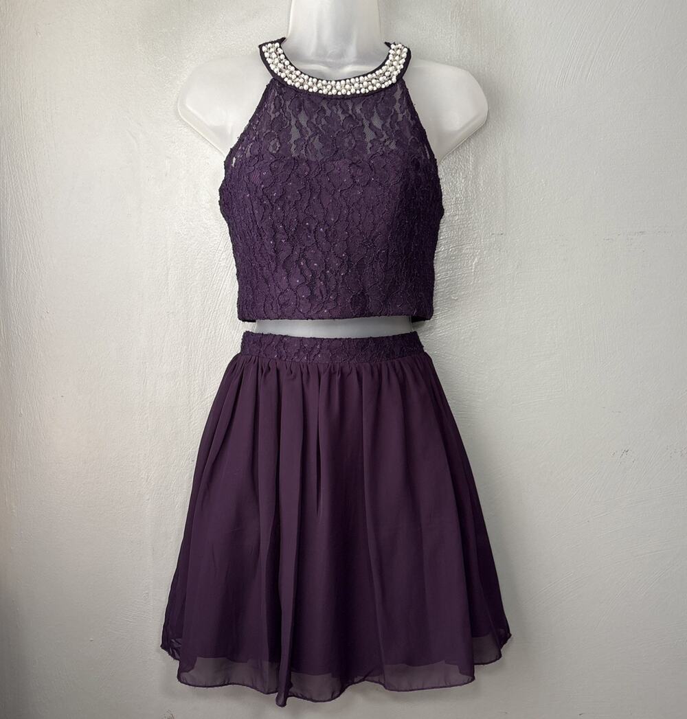 Y2K Purple Lace Cropped Top Satin Skirt Set Juniors Size 5 Mini Whimsigoth Prom